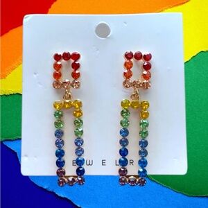 PRIDE 2” Rainbow Rhinestone pierced dangling multicolored earrings LGBTQ NEW